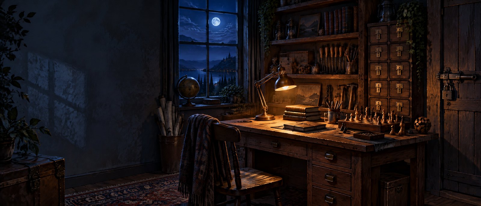 A cosy workshop at night with a bolted door, shelves of tools, notebooks, a chessboard and locked drawers