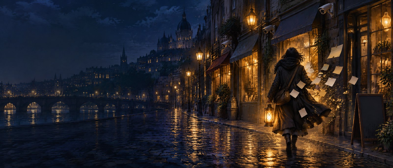 A walker with a lantern on a night street of shops, tracking notes thrown at them falling away