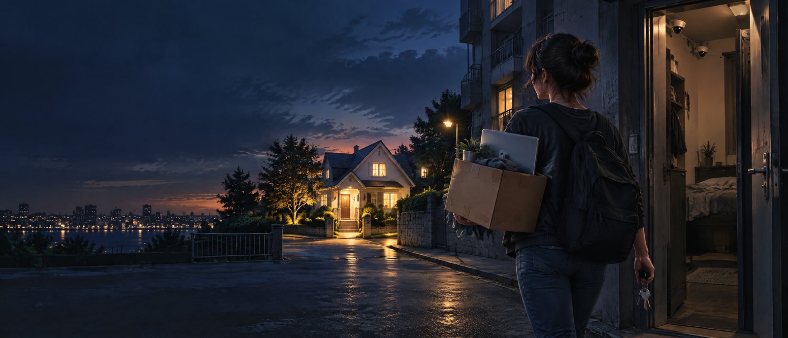 A person carrying a box with a laptop and phone out of a rented flat with ceiling cameras, towards a small house of their own