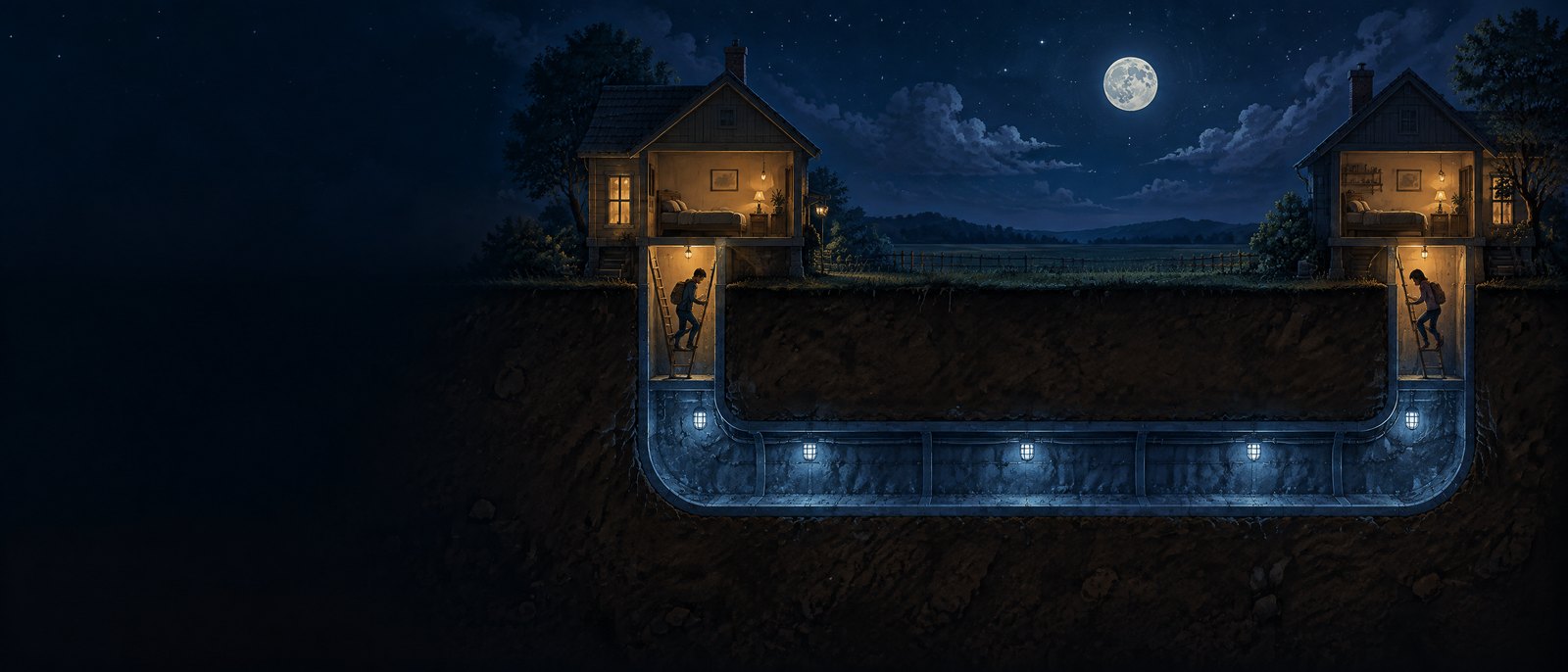 Cutaway of two distant houses joined by a glowing tunnel underground, with only empty fields above