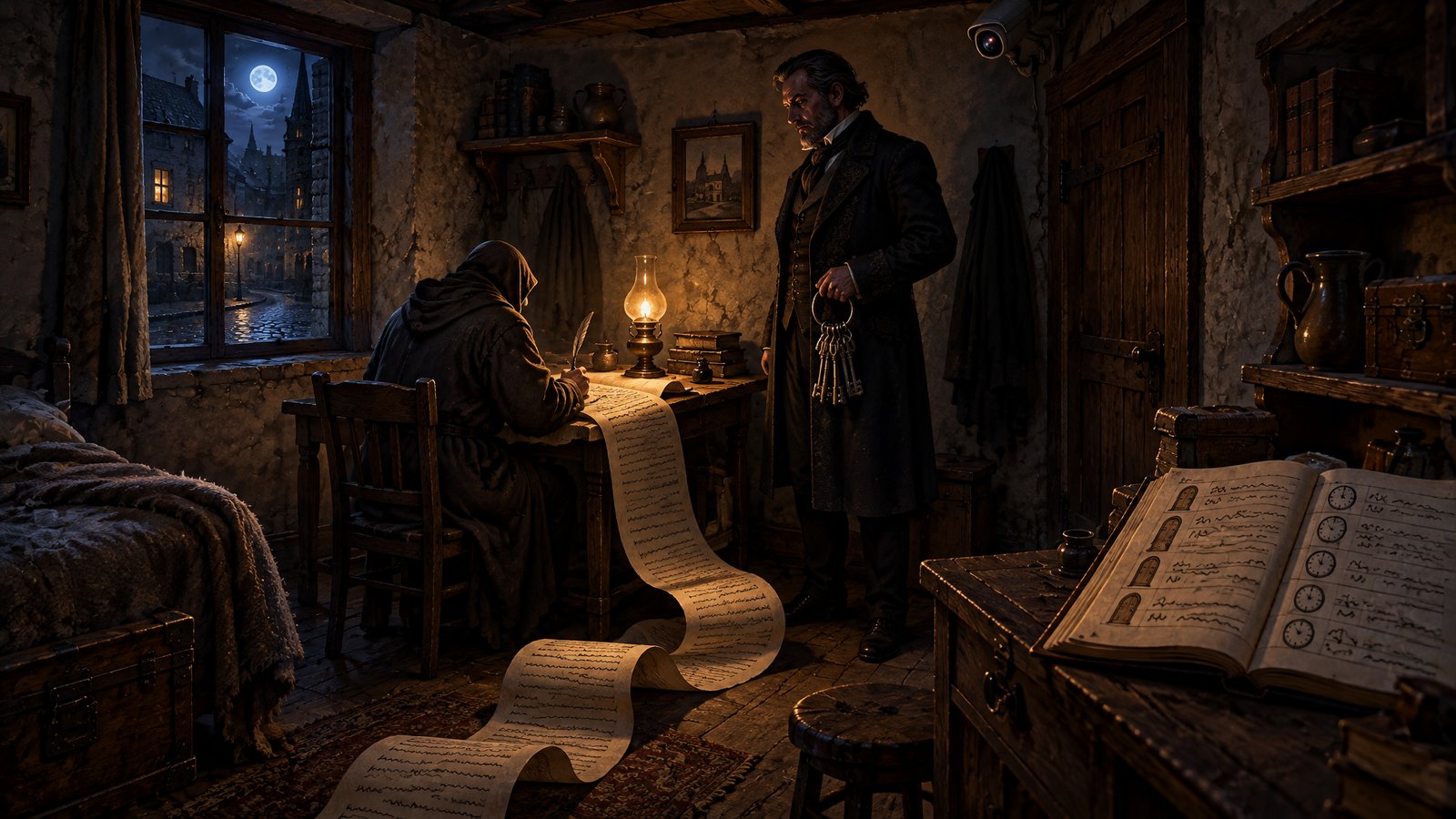 A tenant signing a long lease scroll while the landlord stands by with keys, a camera in the ceiling corner
