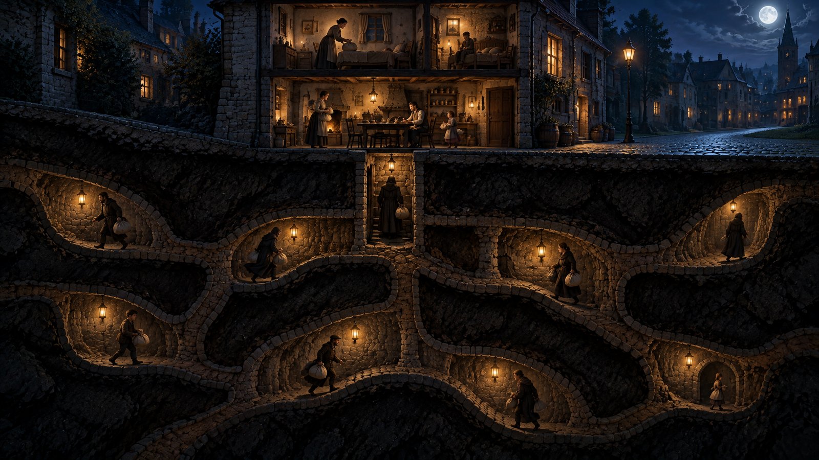Cutaway of the ground under a house with many lantern-lit tunnels, people carrying similar bundles along different paths