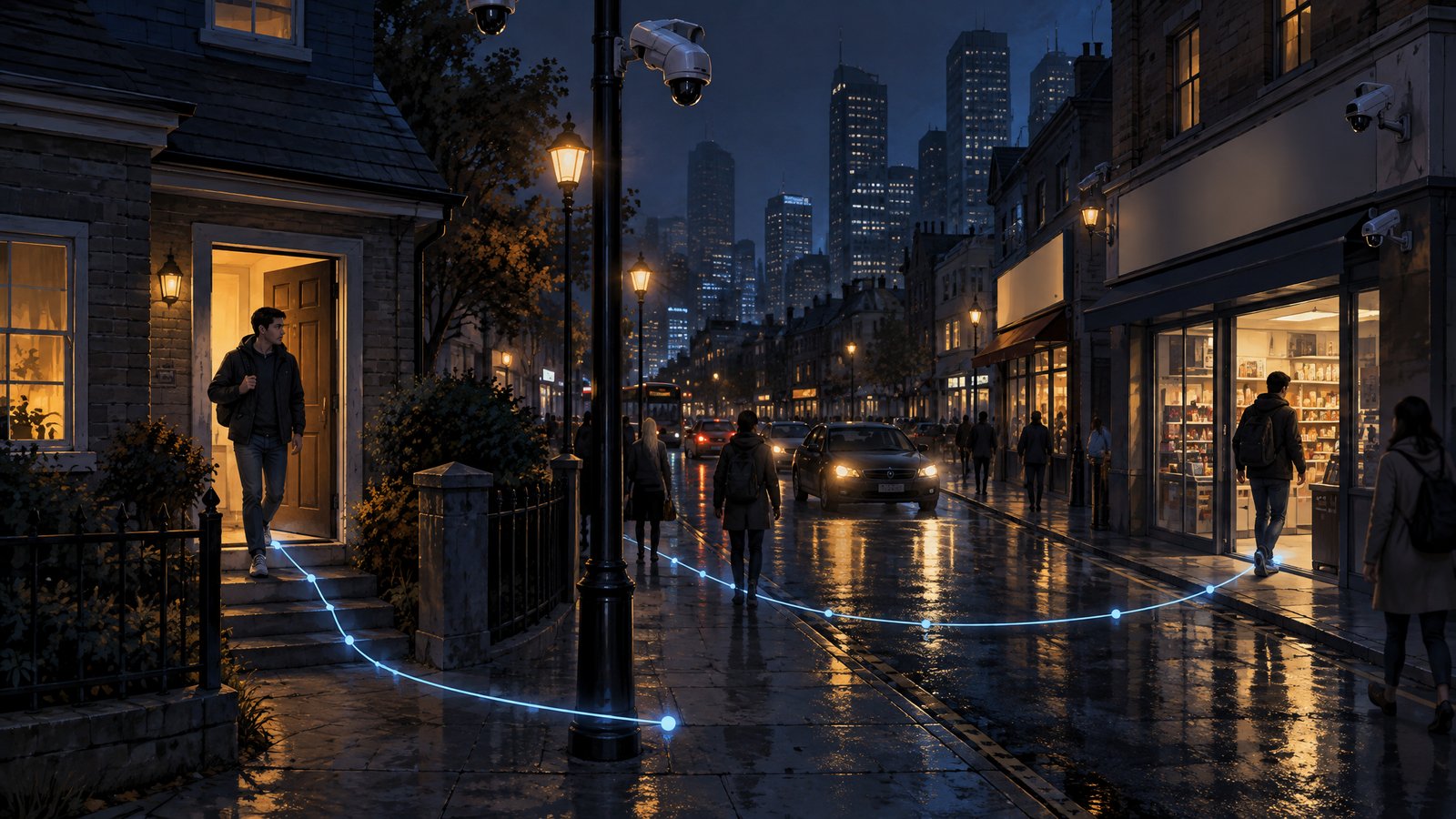 A person stepping out of their front door onto a night street lined with cameras, a glowing path leading to a shop