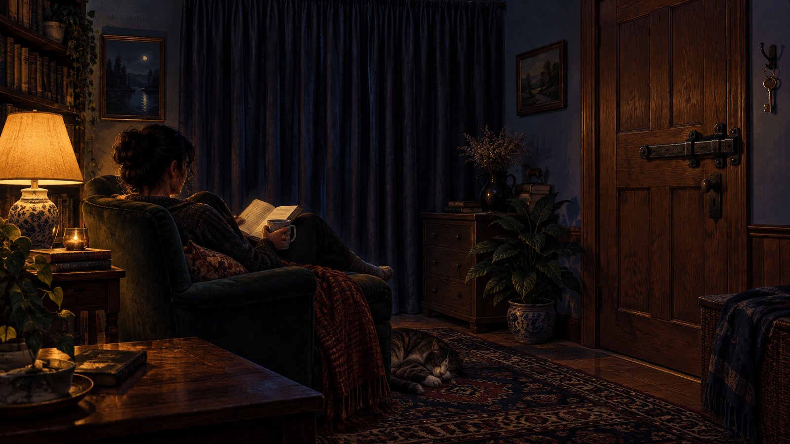 A person reading in an armchair in a room with the curtains drawn and the door bolted