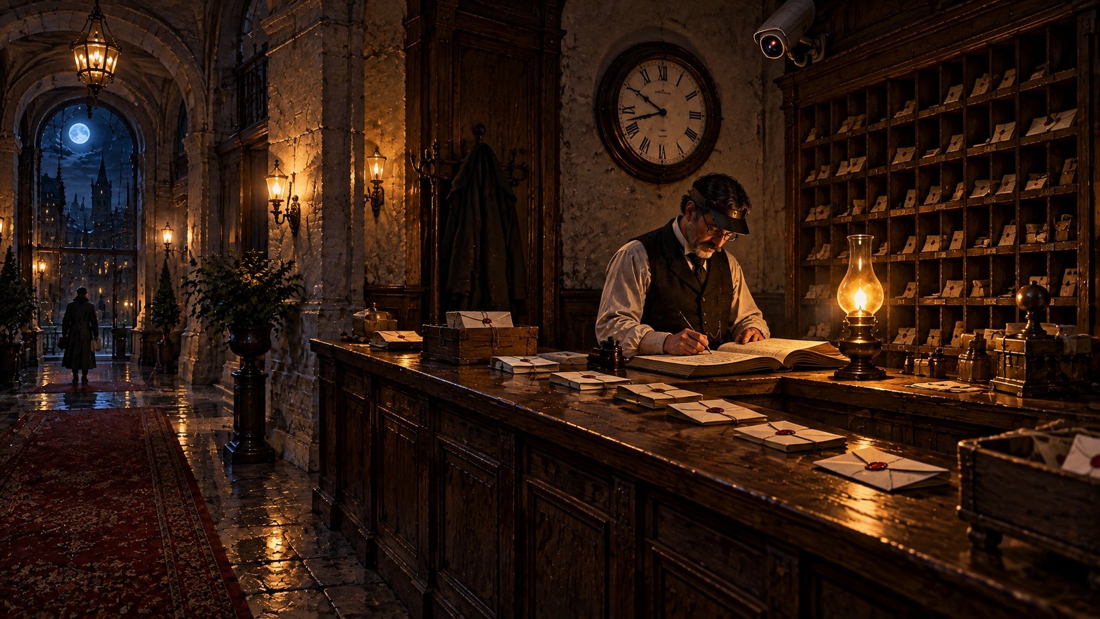 A clerk in a tower lobby post room writing each sealed letter into a ledger, a security camera in the corner