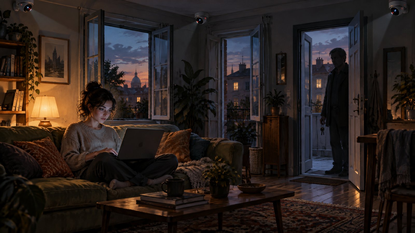 A rented room with the windows and door open, cameras in the ceiling corners and a landlord with keys at the door