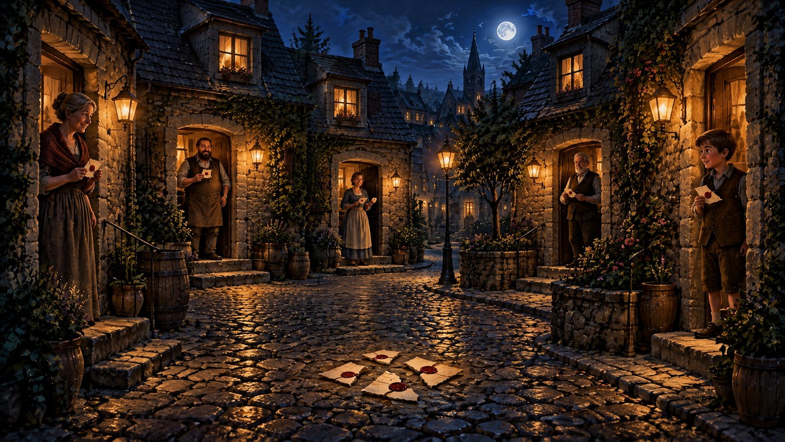 A village of stone cottages at night, neighbours at different doors each holding one sealed piece of a cut-up letter