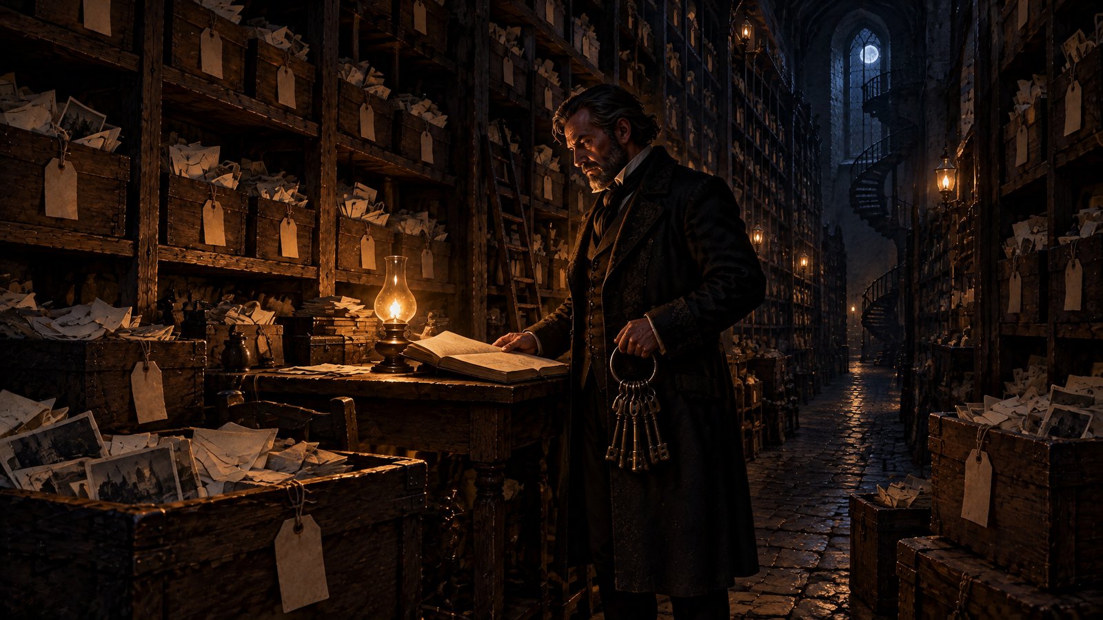 A landlord with a ring of keys reading a ledger in a storeroom of shelves full of tenants' letters and photos, each box tagged