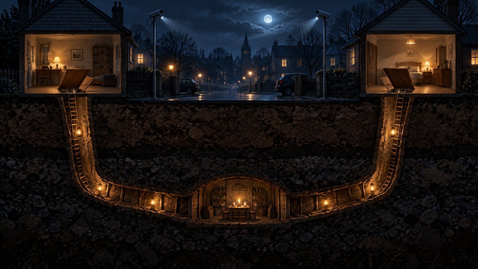 Cutaway view of two houses with floor hatches and tunnels meeting in a candle-lit cellar below the street